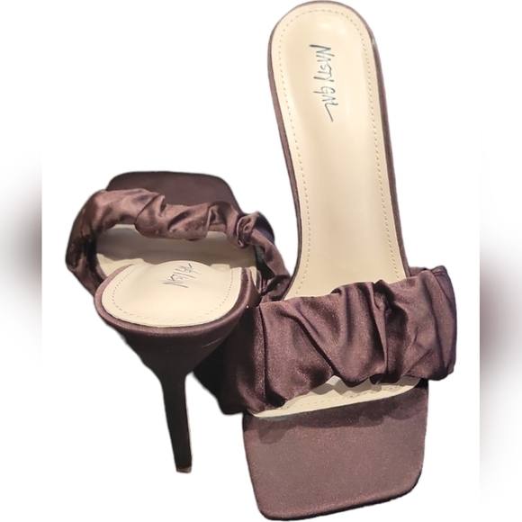 Nasty Gal Women's Satin Ruched Front Stiletto Heels Mules in Chocolate Satin 40 - Picture 2 of 8